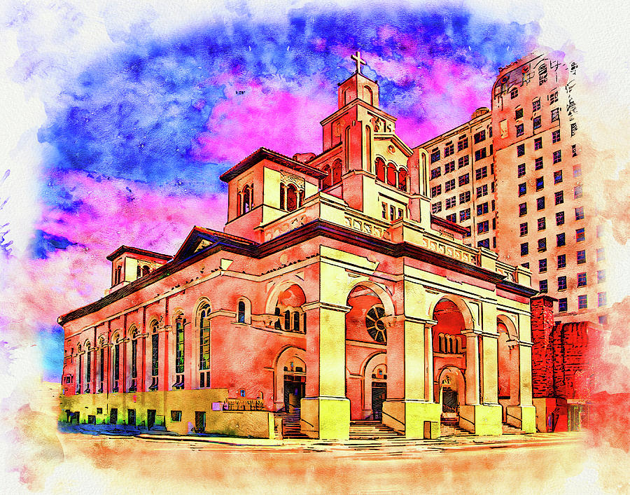 Gesu Church in Miami, Florida - pen and watercolor  Digital Art by Nicko Prints