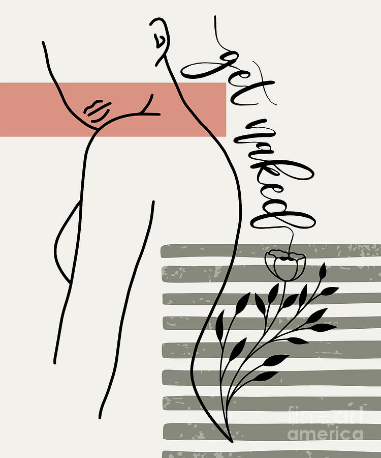 Vintage Drawing - Get naked floral woman body line art, naked woman sketch, printable female drawing, wall decor by Mounir Khalfouf
