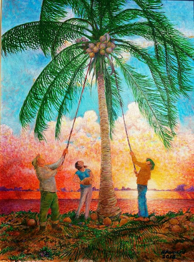 Tropics Painting - Getting Down the Coconuts by Herschel Pollard