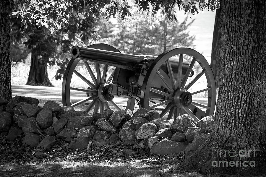 Gettysburg Civil War Cannon with Stone Barracade - Black and White Photograph by Sturgeon Photography
