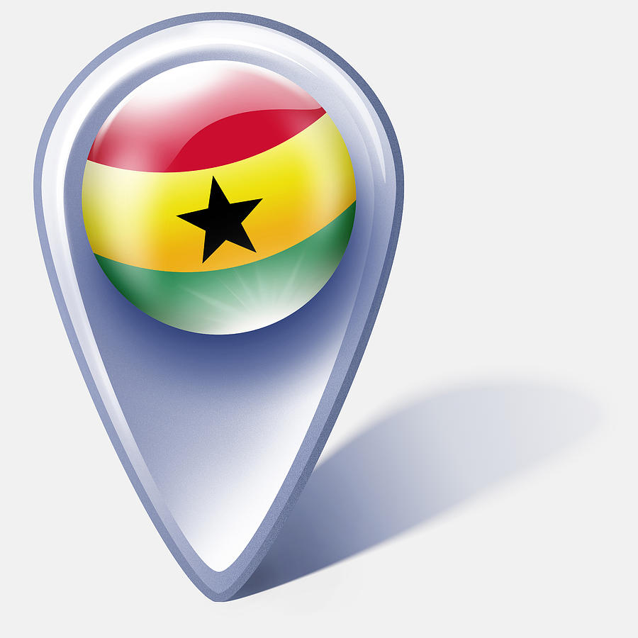 Ghana button map pointer with flag isolated on white Drawing by Grafissimo
