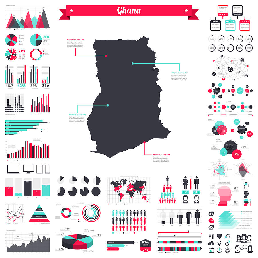 Ghana map with infographic elements - Big creative graphic set Drawing by Bgblue