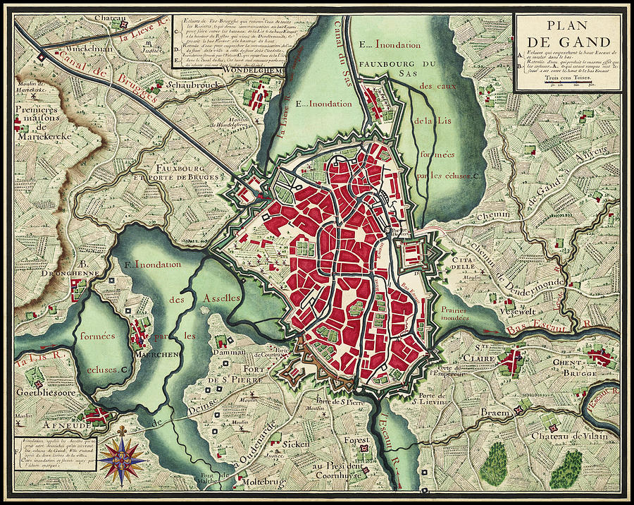 Castle Photograph - Ghent Belgium Vintage Historical Map 1678 by Carol Japp