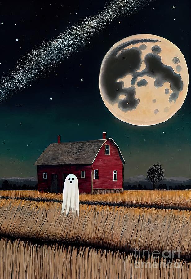 Halloween Painting - Ghost Red House Crops Field  by N Akkash