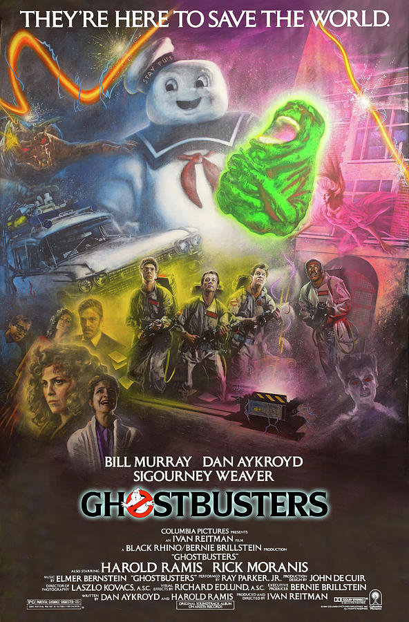 Ghostbusters, Slimer, Stay Puft Marshmallow Man and Ecto-1 Painting by Michael Andrew Law Cheuk Yui