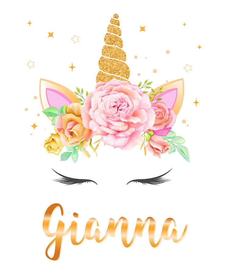 Gianna Name Unicorn Horn With Flower Wreath And Gold Glitter Unicorn