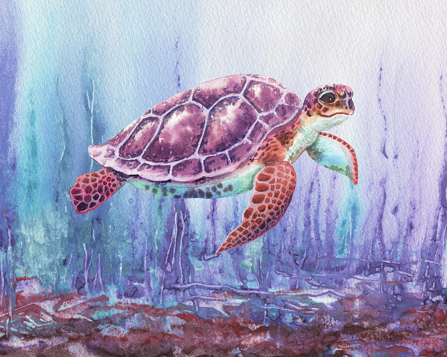 Giant Baby Turtle Under The Purple Sea Watercolor  Painting by Irina Sztukowski
