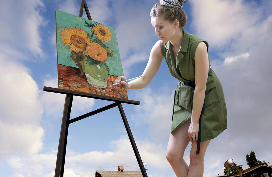 Giant Female Artist Paints Vincent van Gogh Sunflower Painting Mixed Media by Bob Pardue