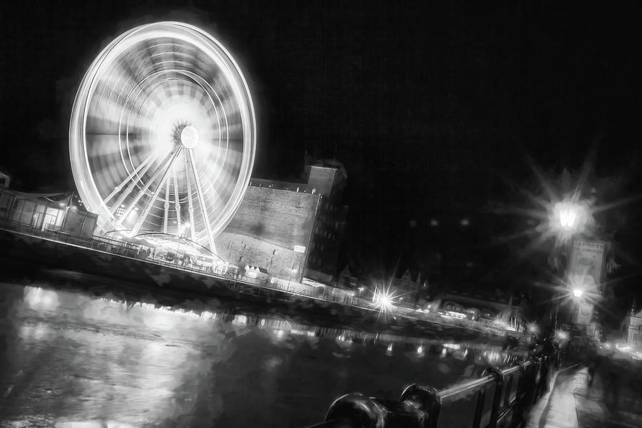 Giant Ferris Wheel Gdansk Poland By Night Black And White Photograph