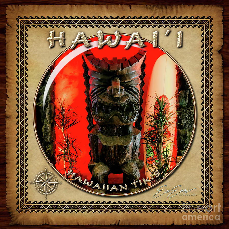 Hawaiian Tiki Statues Photograph - Giant Hawaiian Tiki in Waikiki Sphere Image with Hawaiian Style Border by Aloha Art