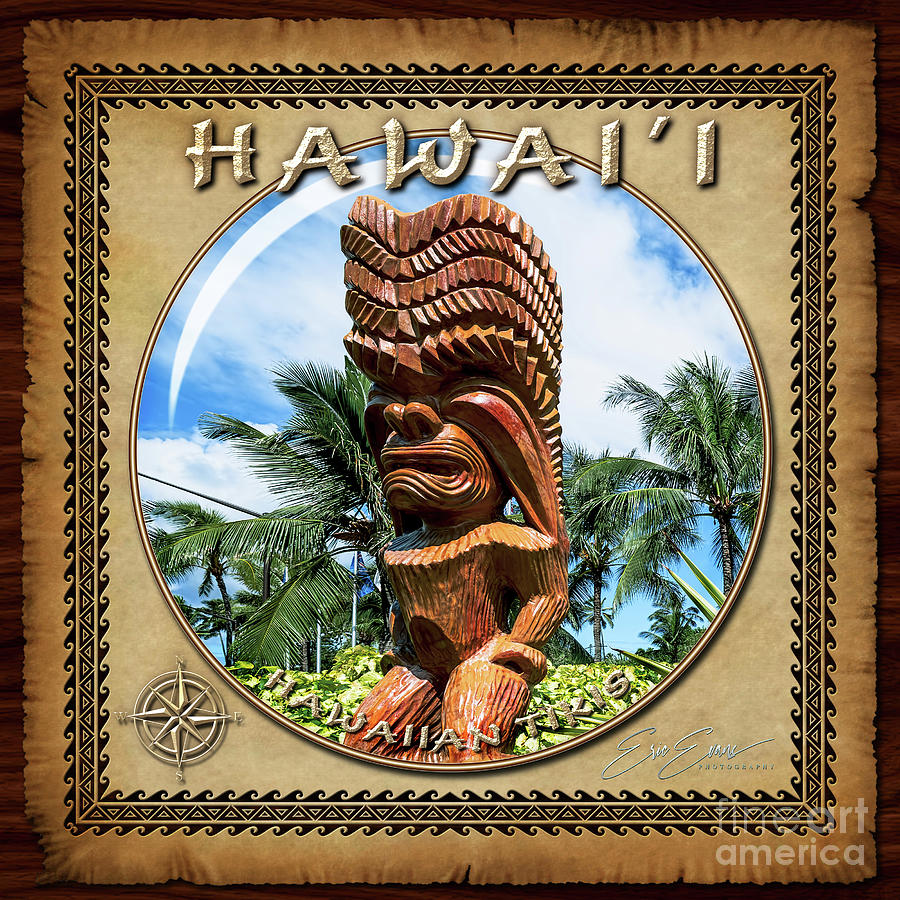 Hawaiian Tiki Statues Photograph - Giant Hawaiian Tiki North Shore Sphere Image with Hawaiian Style Border by Aloha Art