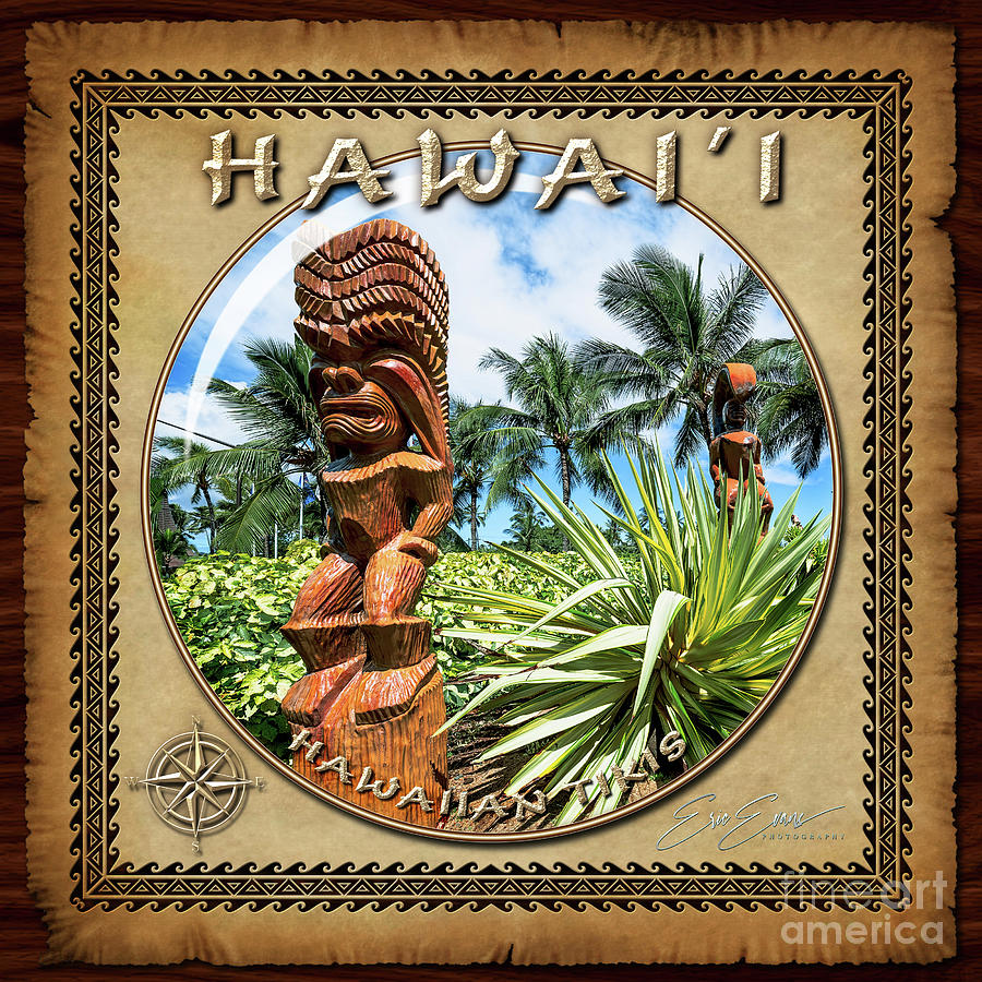 Hawaiian Tiki Statues Photograph - Giant Hawaiian Tikis North Shore Sphere Image with Hawaiian Style Border by Aloha Art