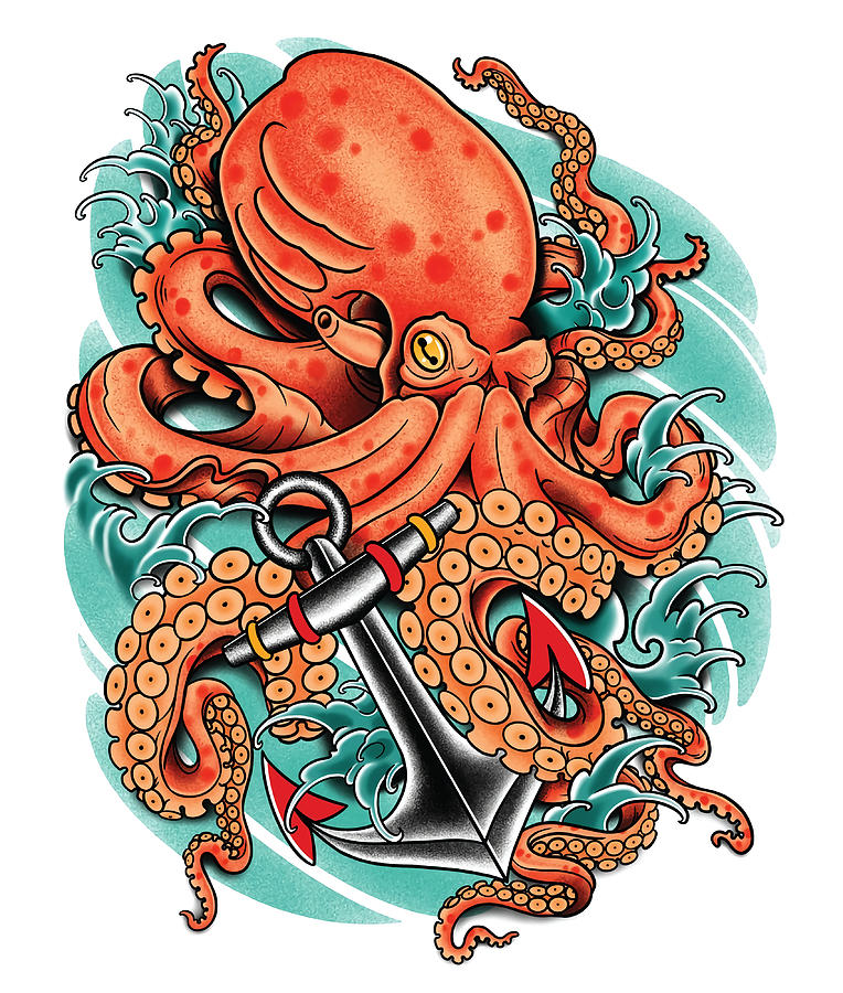 Giant Octopus Grasping Anchor yellow Painting by Mason Lee | Fine Art ...