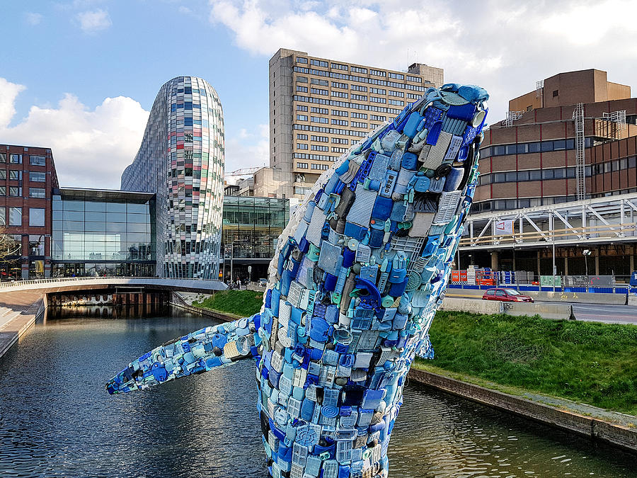 Giant plastic whale in the canals of Utrecht, Netherlands Photograph by Frans Sellies