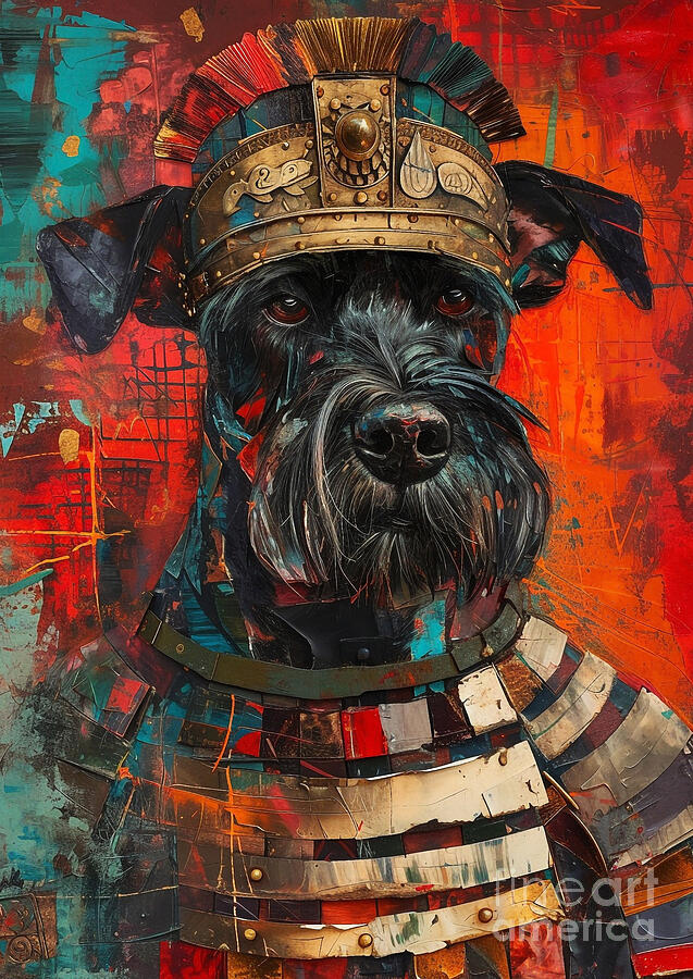 Abstract Painting - Giant Schnauzer - garbed as a Roman fortress guard, imposing and alert by Adrien Efren