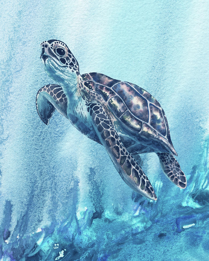 Giant Sea Turtle In Deep Blue Ocean Watercolor Painting