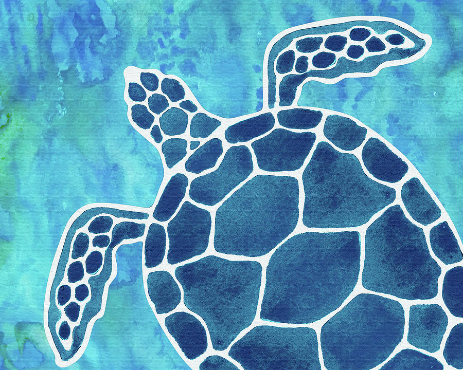 Giant Turtle Aquamarine Blue Sea Watercolor  Painting by Irina Sztukowski