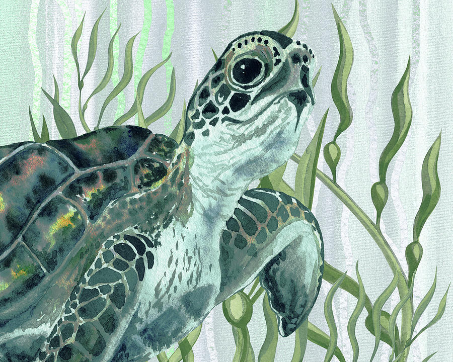 Giant Turtle Swimming In The Seaweed Under The Ocean Watercolor Painting I Painting by Irina Sztukowski