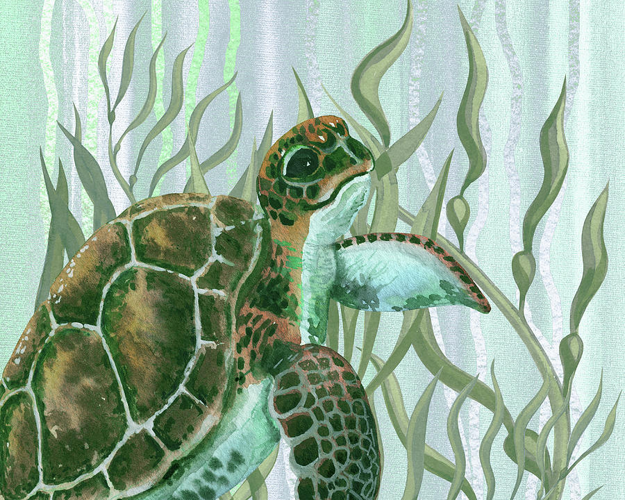 Giant Turtle Swimming In The Seaweed Under The Ocean Watercolor Painting II Painting by Irina Sztukowski