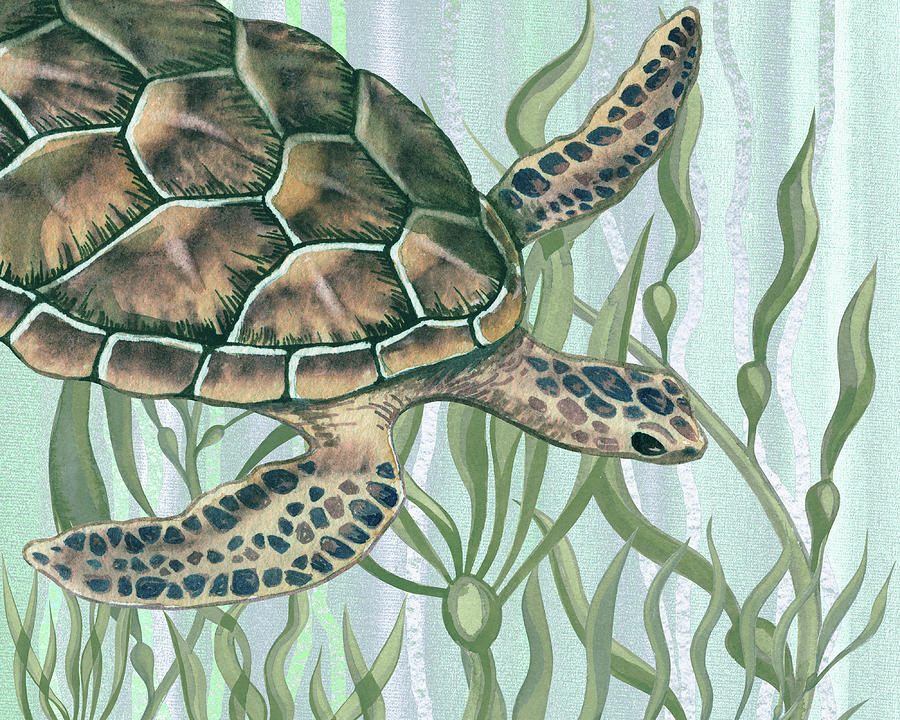 Giant Turtle Swimming In The Seaweed Under The Ocean Watercolor Painting III Painting by Irina Sztukowski