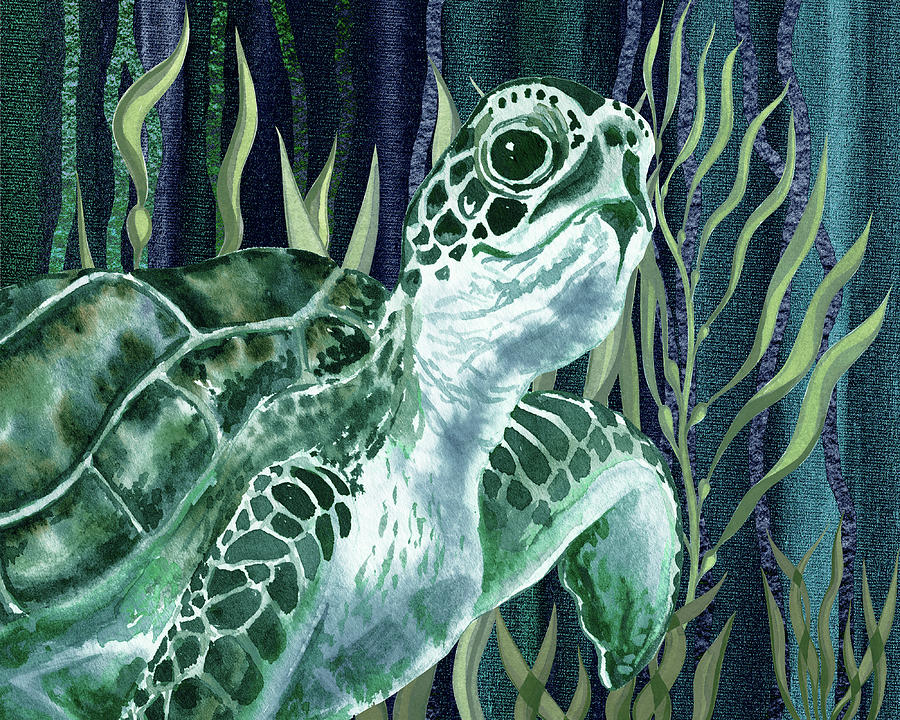 Giant Turtle Swimming In The Seaweed Under The Ocean Watercolor Painting VI Painting by Irina Sztukowski