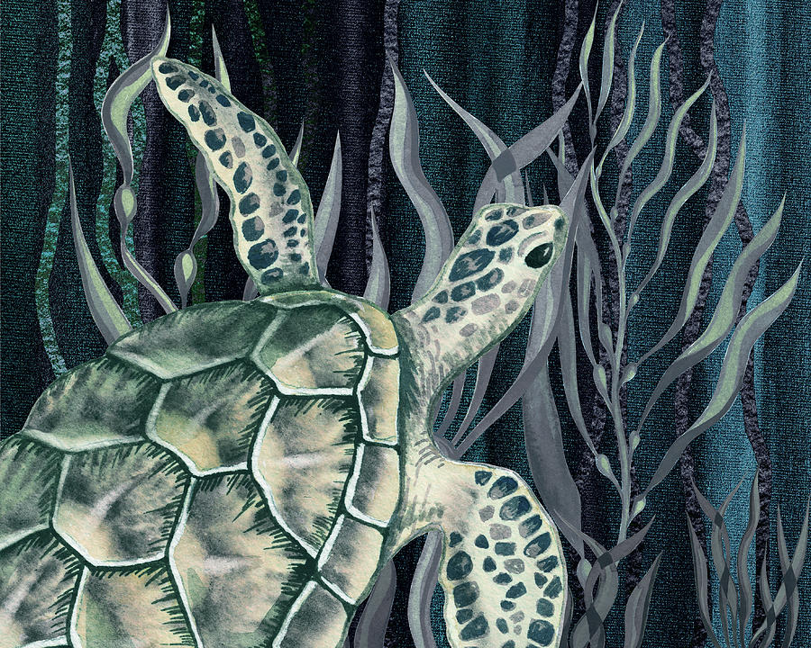 Giant Turtle Swimming In The Seaweed Under The Ocean Watercolor Painting VII Painting by Irina Sztukowski