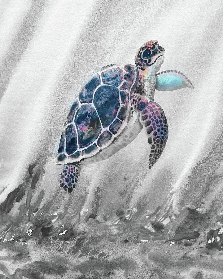 Giant Turtle Under The Sea Swimming Free Watercolor Painting II Painting by Irina Sztukowski