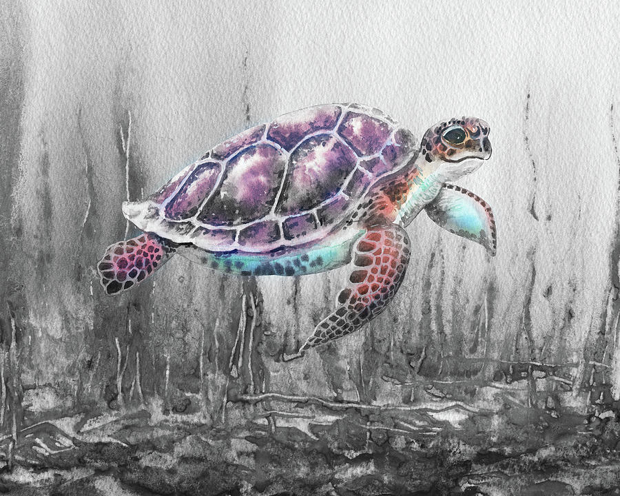 Giant Turtle Under The Sea Swimming Free Watercolor Painting III Painting by Irina Sztukowski