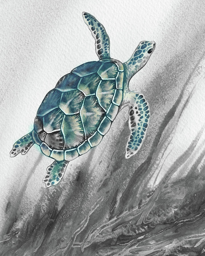 Giant Turtle Under The Sea Swimming Free Watercolor Painting IV Painting by Irina Sztukowski