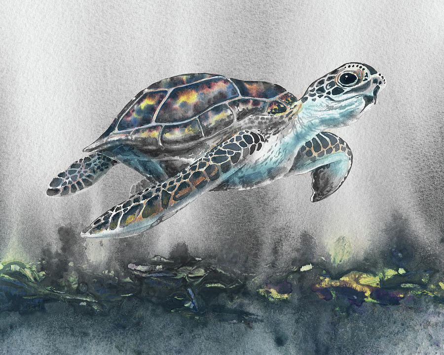 Giant Turtle Under The Sea Swimming Free Watercolor Painting V Painting by Irina Sztukowski