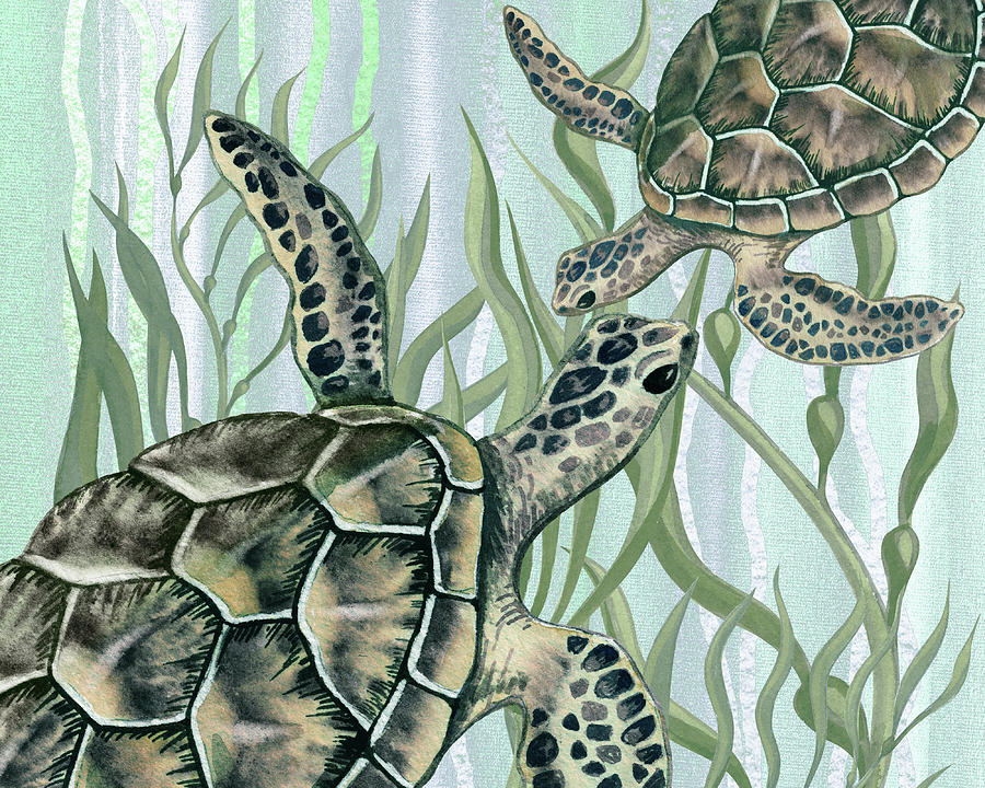 Giant Turtles Swimming In The Seaweed Under The Ocean Watercolor Painting IV Painting by Irina Sztukowski