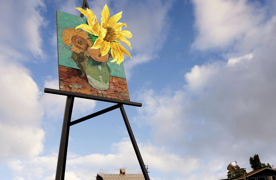 Giant Vincent van Gogh Sunflower Painting With Van Huysum Flower Mixed Media by Bob Pardue