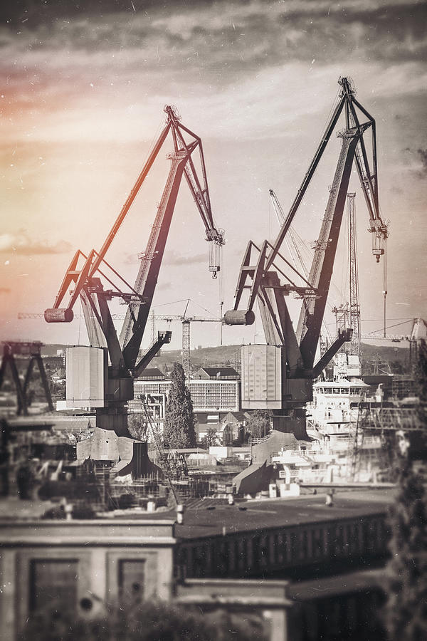 Crane Photograph - Giants of Industry Gdansk Shipyard Poland Vintage  by Carol Japp