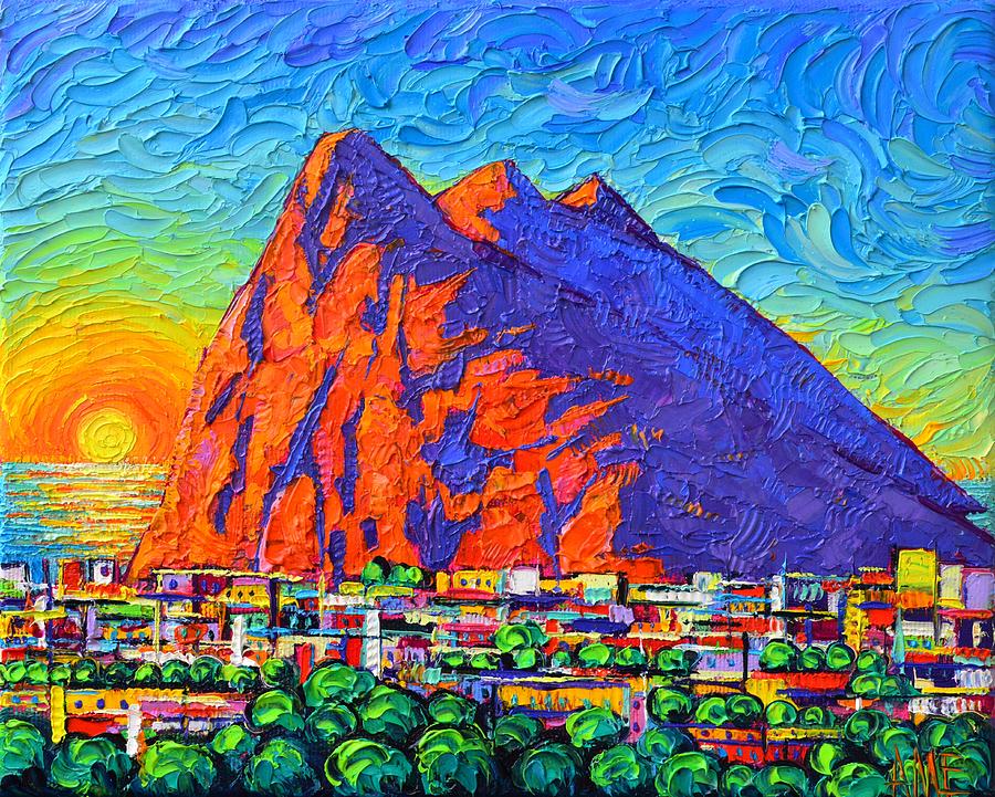 GIBRALTAR THE ROCK AT SUNRISE commission art palette knife oil painting Ana Maria Edulescu Painting by Ana Maria Edulescu