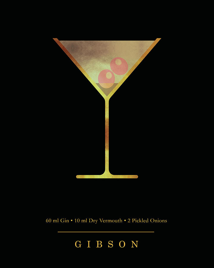Summer Digital Art - Gibson Cocktail - Classic Cocktail Print - Black and Gold - Modern, Minimal Lounge Art  by Studio Grafiikka