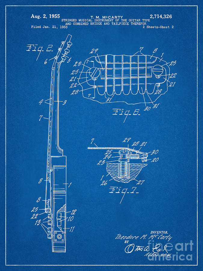 Gibson Guitar Patent Blueprint 1955 Gibson Les Paul Guitar Print Mixed Media by Kithara Studio