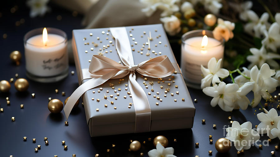 Gift box with candles festive wallpaper. Digital Art by Odon Czintos