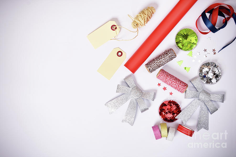 Gift wrapping items and Christmas decorations Photograph by Mendelex Photography