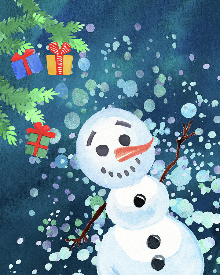 Gifts On Christmas Tree Snowman Smiling Watercolor  Painting by Irina Sztukowski
