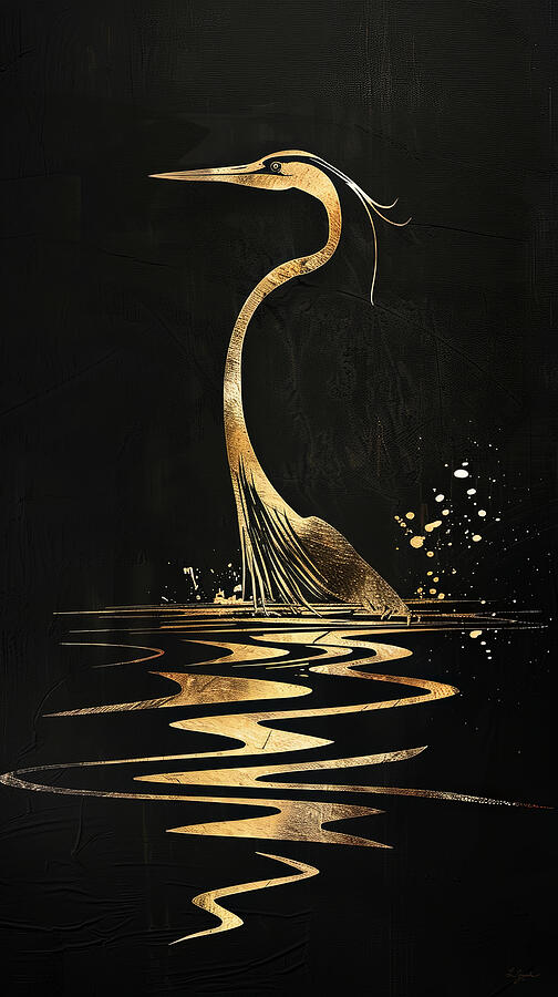 Gilded Hunter - Black and Gold Heron Modern Art Painting by Lourry Legarde