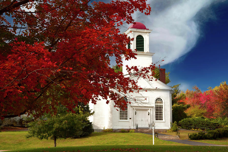 Gilmanton Church under fiery fall colors Photograph by Jeff Folger