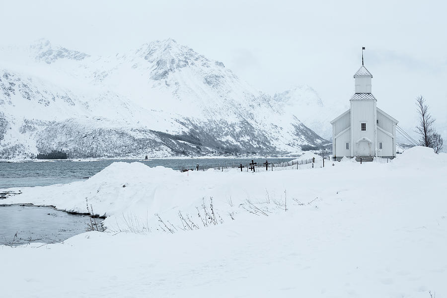 Winter Photograph - Gimsoy Kirke, Norway by Lindley Johnson