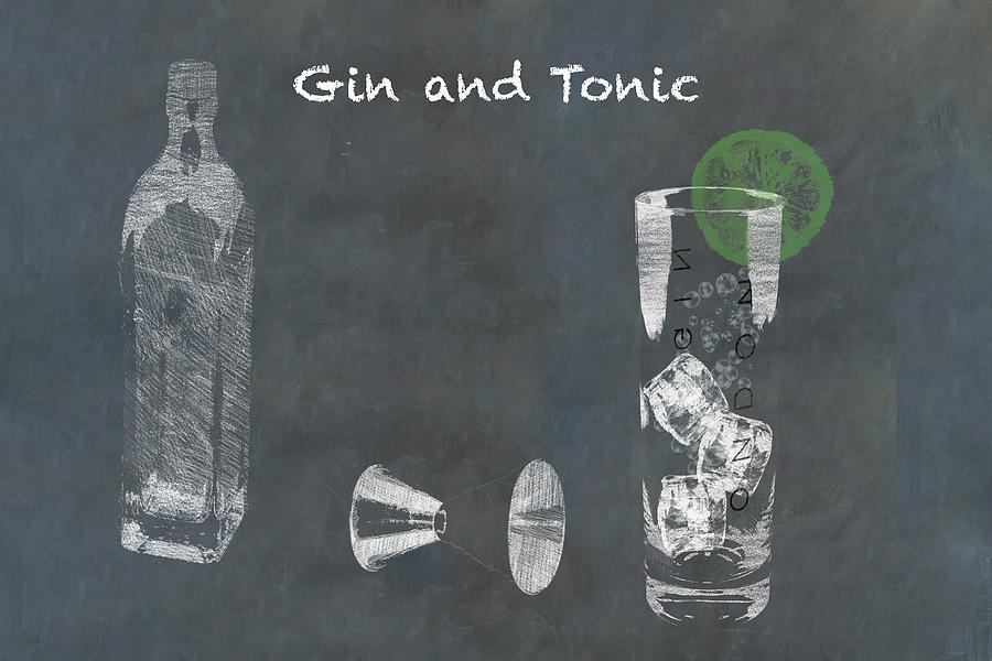 Slate Photograph - Gin and Tonic Cocktail sketched on chalkboard by Karen Foley Slate Photograph - Gin and Tonic Cocktail sketched on chalkboard by Karen Foley