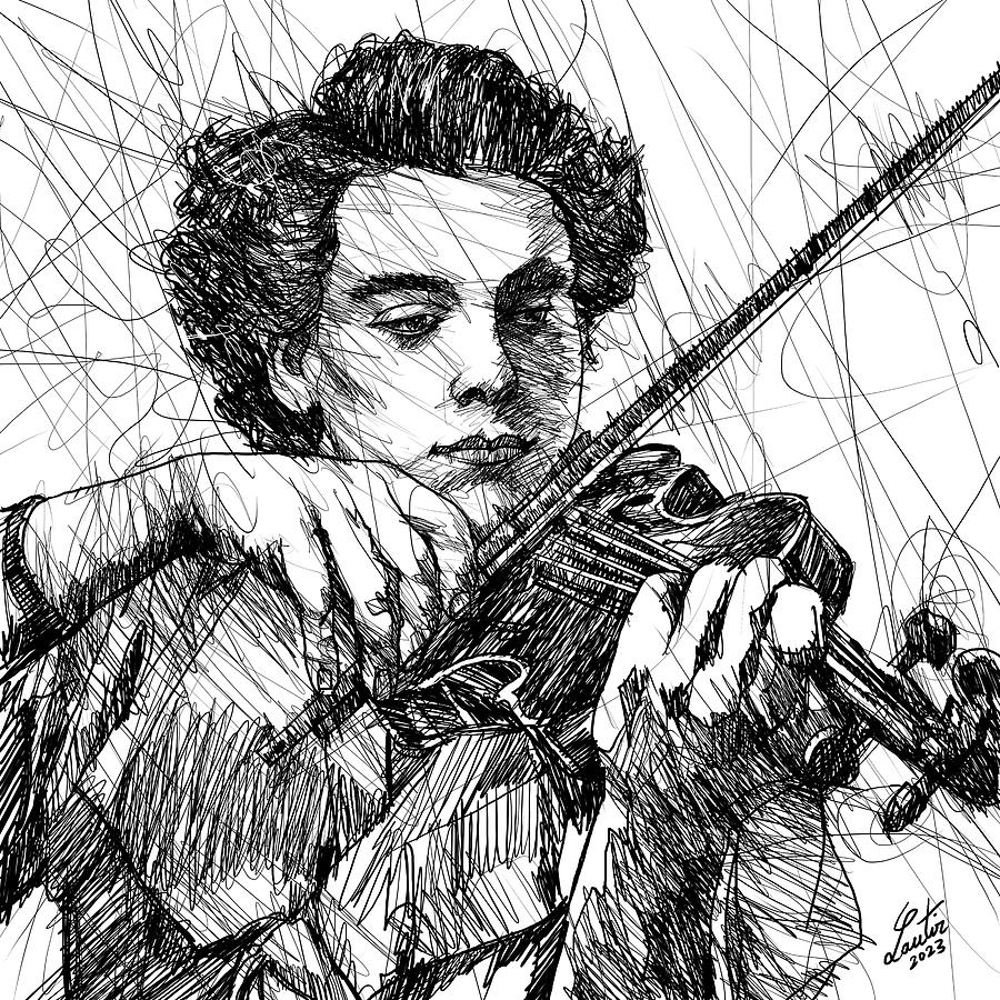 Violin Drawing - GINETTE NEVEU ink portrait .2 by Fabrizio Cassetta