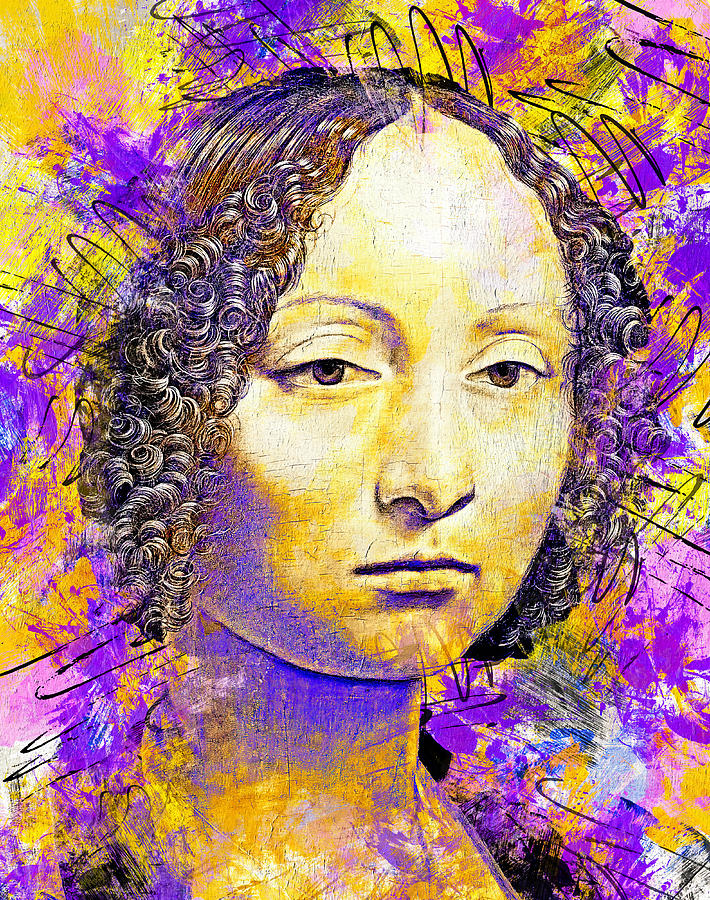 Ginevra de Benci by Leonardo da Vinci - yellow and violet colorful recreation Digital Art by Nicko Prints
