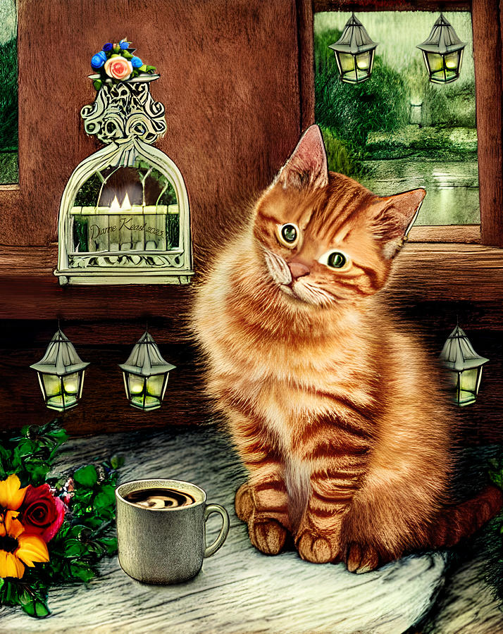 Coffee Digital Art - Ginger Cafe Cat by Dianne Keast