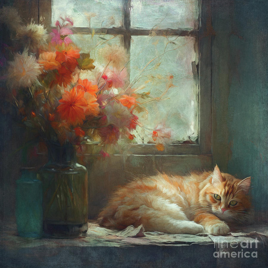 Flower Photograph - Ginger Cat On A Window Sill - Still Life by Maria Angelica Maira