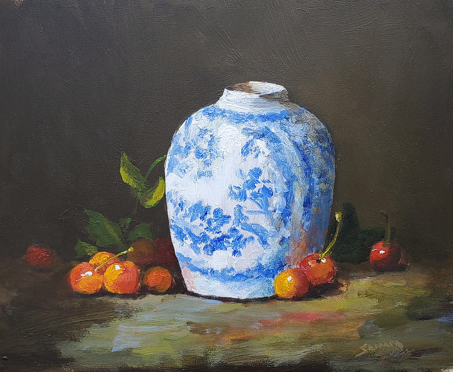 Ginger Jar with Cherries Painting by Laurie Samara-Schlageter