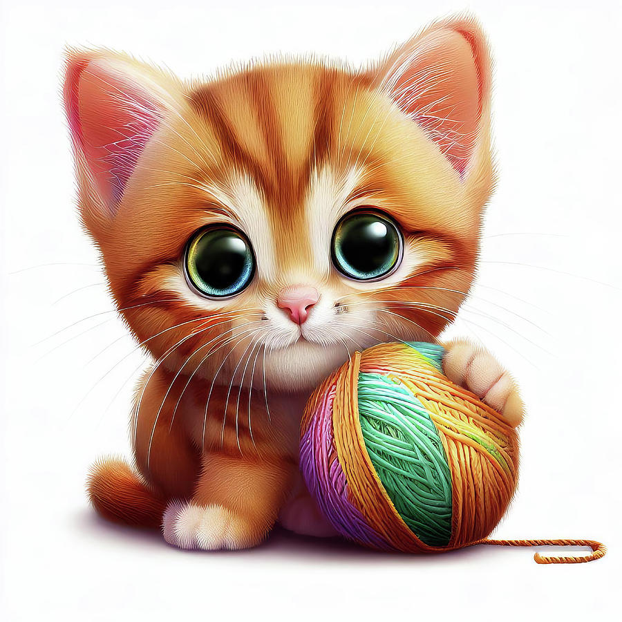 Ginger Kitten with a Colorful Ball of Yarn 2 Digital Art by Jill Nightingale