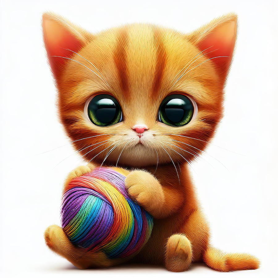 Ginger Kitten With A Colorful Ball Of Yarn Digital Art